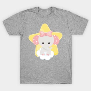 Elephant On A Cloud, Cute Elephant, Stars, Ribbon T-Shirt